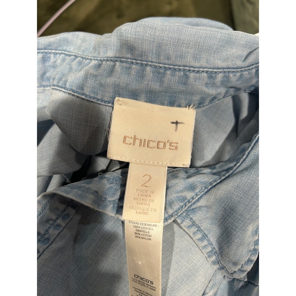 Chicos Blue Lyocell Chambray Shirt Side Zipper Lace Inset Roll Tab Sleeve Size 2 - Picture 5 of 6